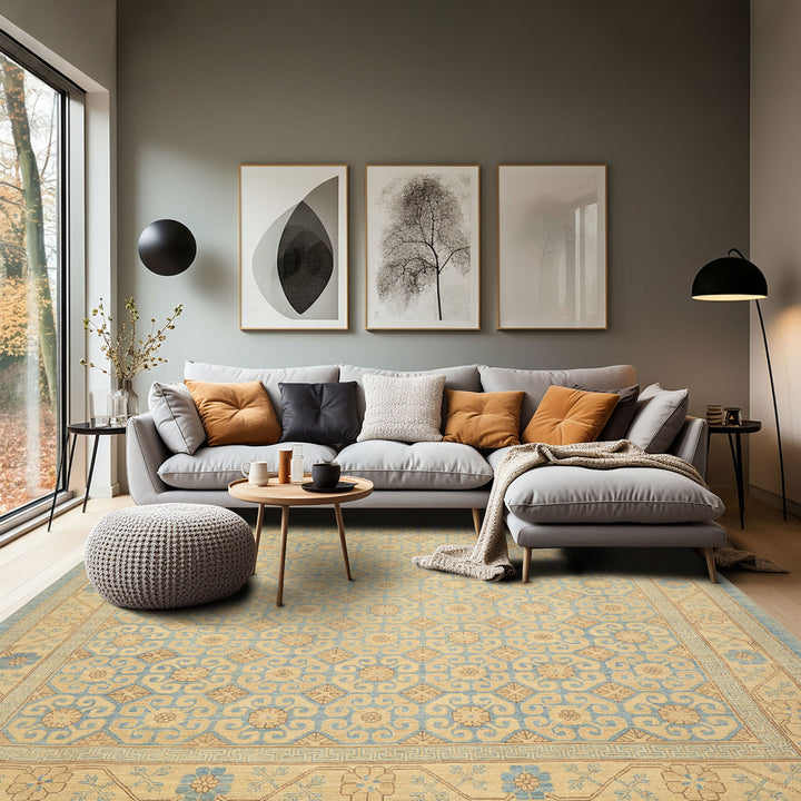 8x11 Beige, Aqua, Bown Color Hand Knotted Chobi Peshawar Wool Transitional Oriental Rug