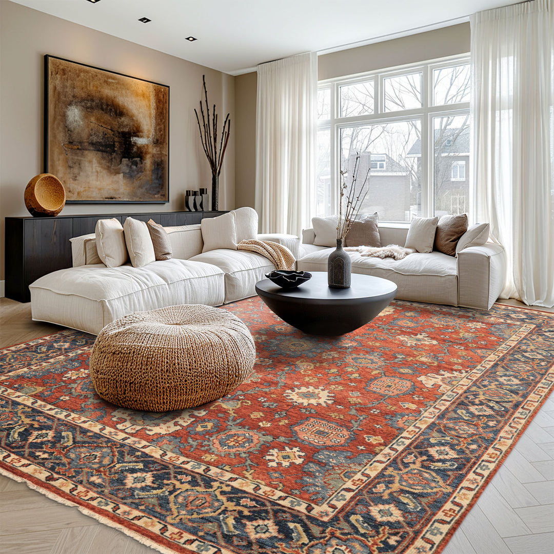 8x10 Rust, Navy, Ivory Color Hand Knotted Oushak Wool Traditional Oriental Rug