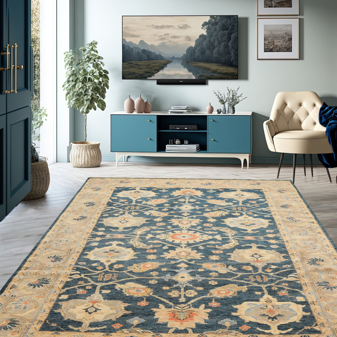6x9 Navy, Gray, Beige Color Hand Knotted Oushak Wool Traditional Oriental Rug