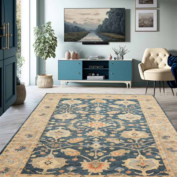6x9 Navy, Gray, Beige Color Hand Knotted Oushak Wool Traditional Oriental Rug