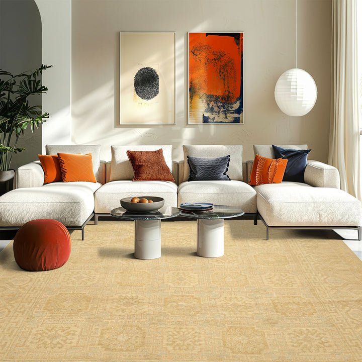 8x10 Beige, Tan, Celadon Color Hand Knotted Oushak Wool Transitional Oriental Rug