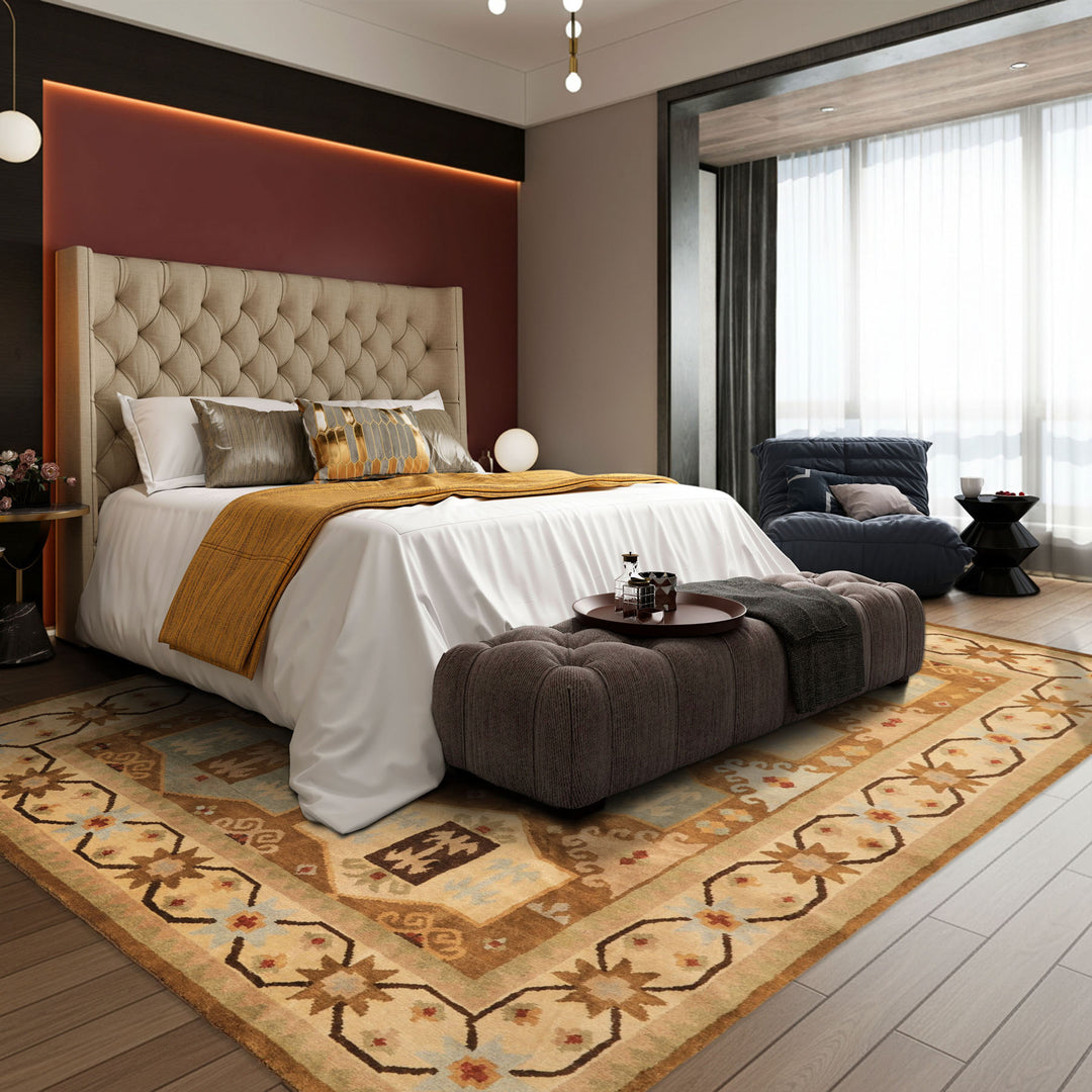 8x10 Beige, Gold, Sage Color Hand Knotted Tibetan Wool Modern & Contemporary Oriental Rug