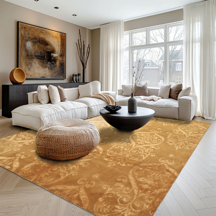 8x10 Tone on Tone Gold, , Color Hand Knotted Tibetan Wool &amp; Bamboo Silk Transitional Oriental Rug