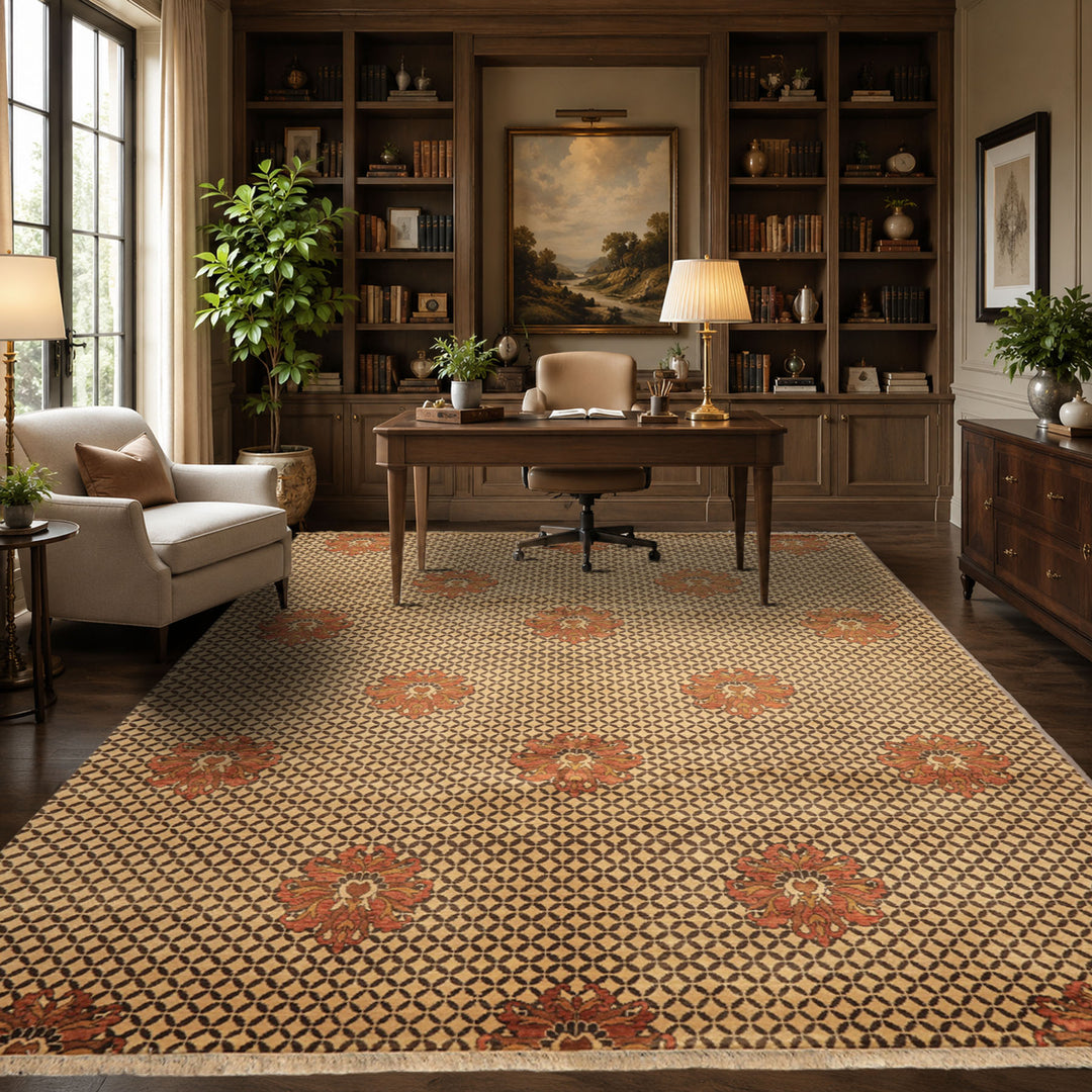 8x10 Beige, Brown, Burnt Orange Color Hand Knotted Agra Wool Transitional Oriental Rug
