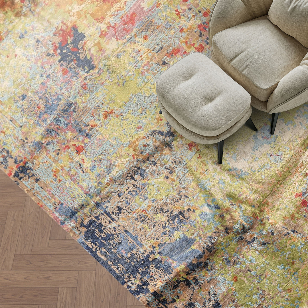 6x9 Lime, Navy, Coral Color Hand Knotted Sherpa Bamboo Silk Transitional Oriental Rug
