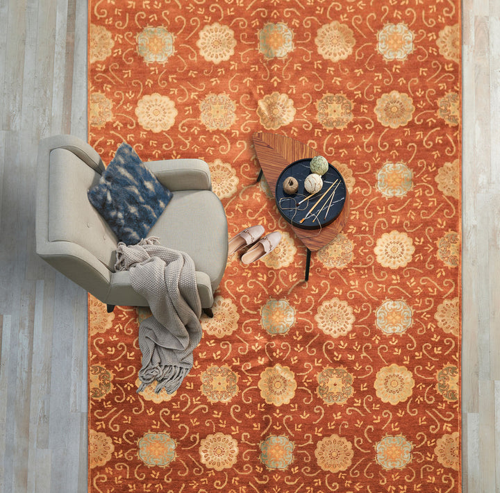 6x9 Burnt Orange, Mint, Blue Color Hand Knotted Tibetan Wool &amp; Bamboo Silk Transitional Oriental Rug