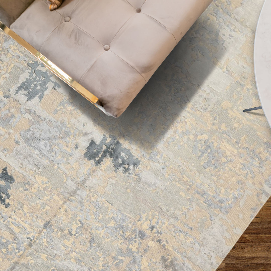 6x9 Beige, Gray, Blue Color Hand Knotted Sherpa Wool &amp; Bamboo Silk Transitional Oriental Rug