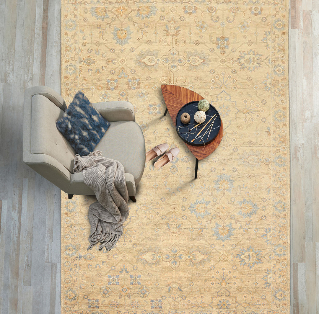 6x9 Beige, Aqua, Light Blue Color Hand Knotted Oushak Wool Transitional Oriental Rug