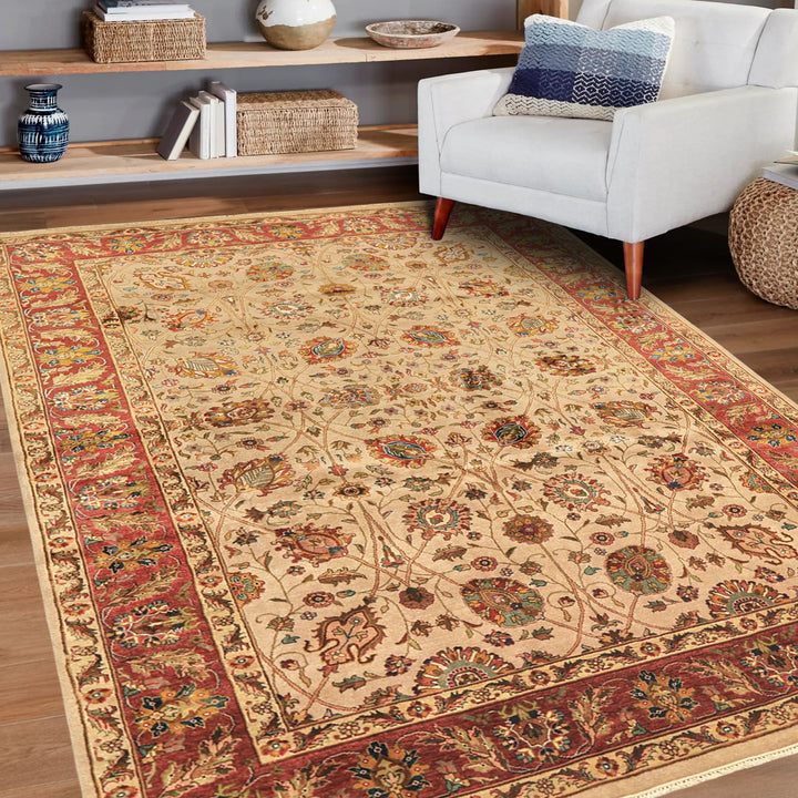 6x9 Tan, Maroon, Gold Color Hand Knotted Kashan Wool &amp; Silk Traditional Oriental Rug