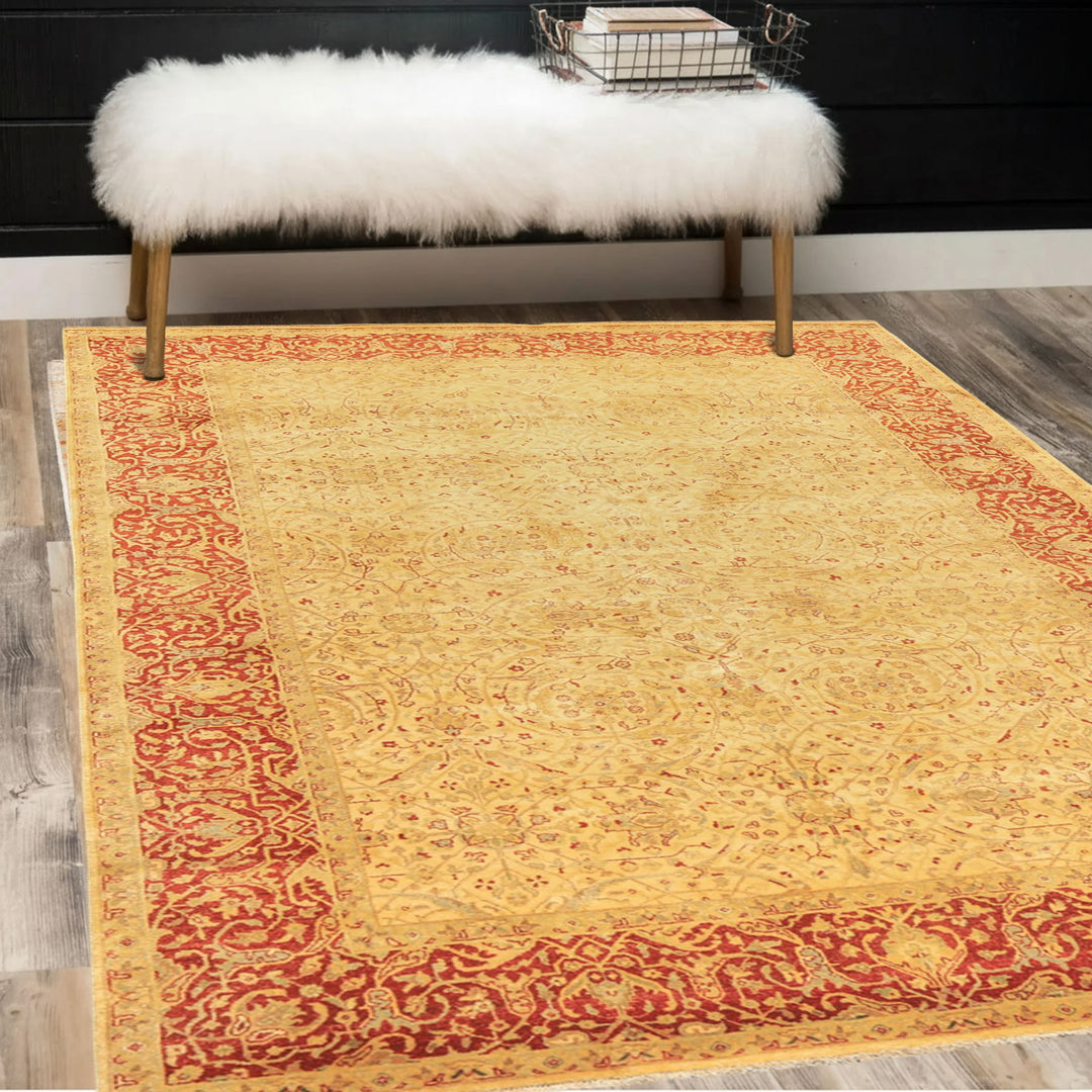 6x9 Beige, Burnt Orange, Mint Color Hand Knotted Agra Wool Traditional Oriental Rug