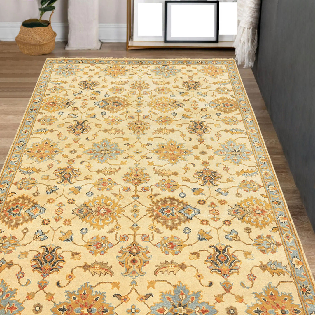 6x9 Beige, Aqua, Gold Color Hand Knotted Oushak Wool Traditional Oriental Rug
