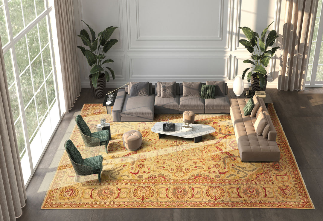 10x14 Beige, Lime, Peach Color Hand Knotted Oushak Wool Traditional Oriental Rug
