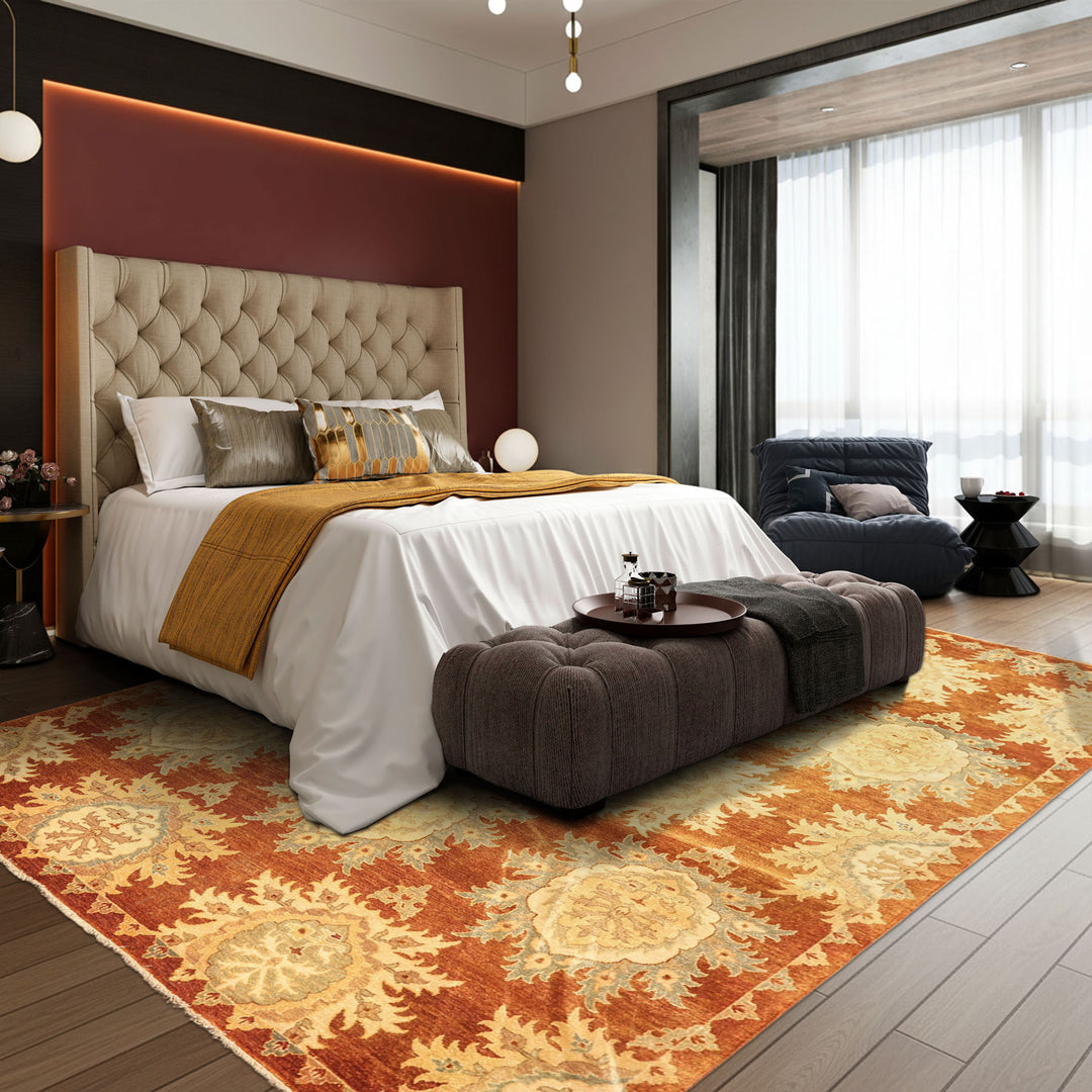 8x10 Caramel, Beige, Celadon Color Hand Knotted Oushak Wool Transitional Oriental Rug