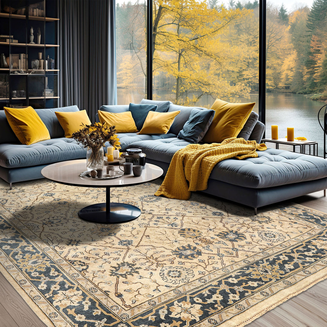 8x10 Beige, Slate, Gray Color Hand Knotted Oushak Wool Transitional Oriental Rug
