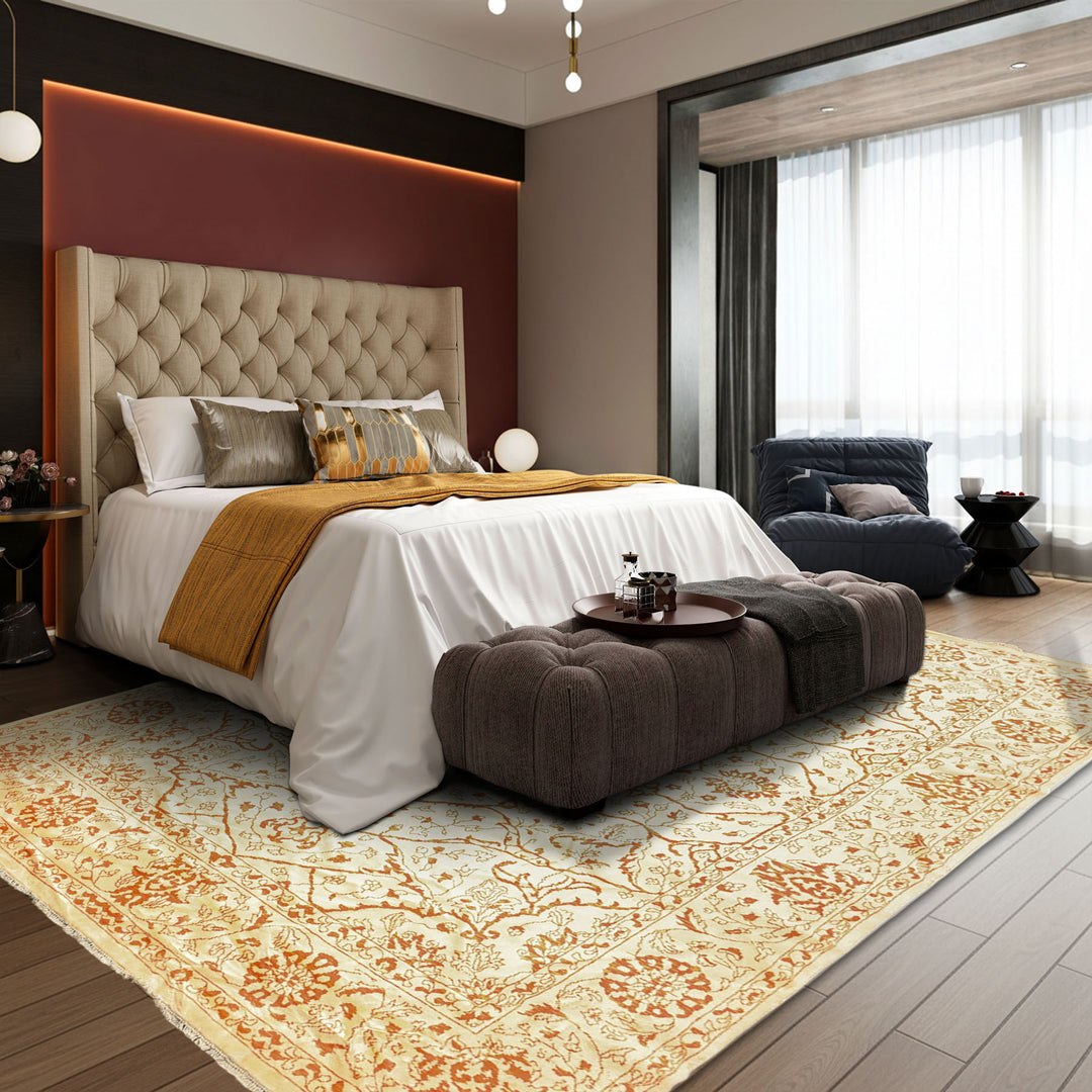 8x11 Ivory, Orange, Color Hand Knotted Pak Persian Wool Transitional Oriental Rug