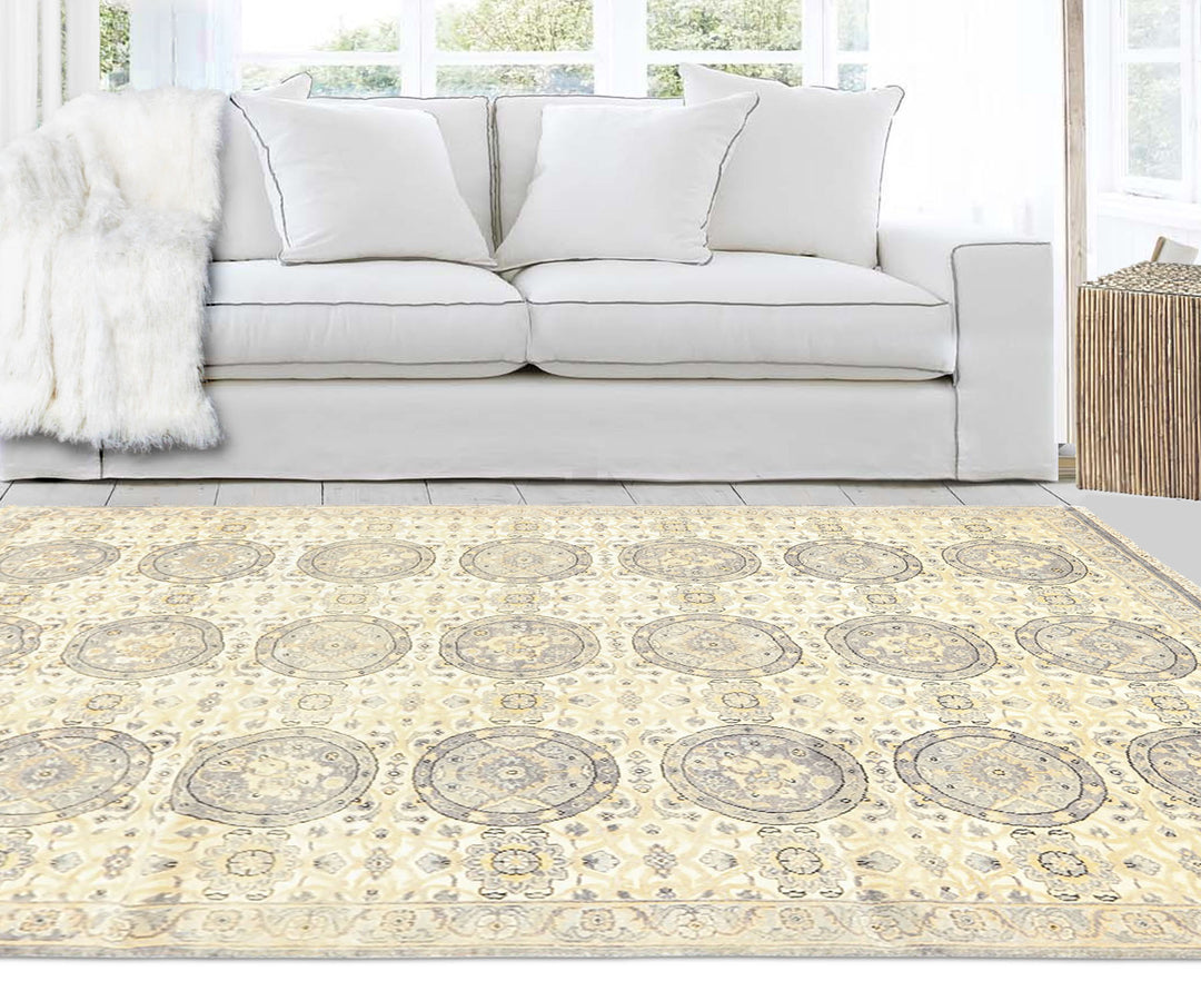 6x9 Ivory, Slate, Blue Color Hand Knotted Oushak Wool Transitional Oriental Rug