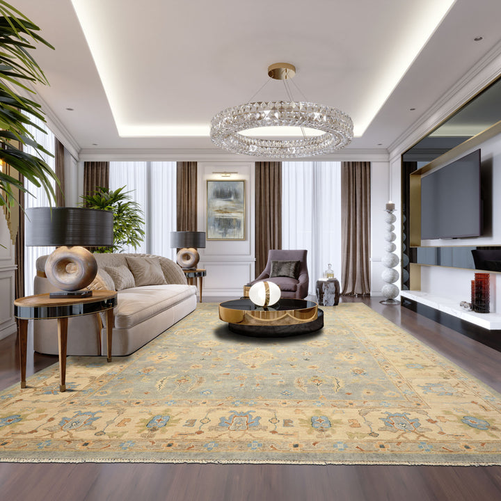 10x14 Gray, Beige, Turquoise Color Hand Knotted Oushak Wool Traditional Oriental Rug