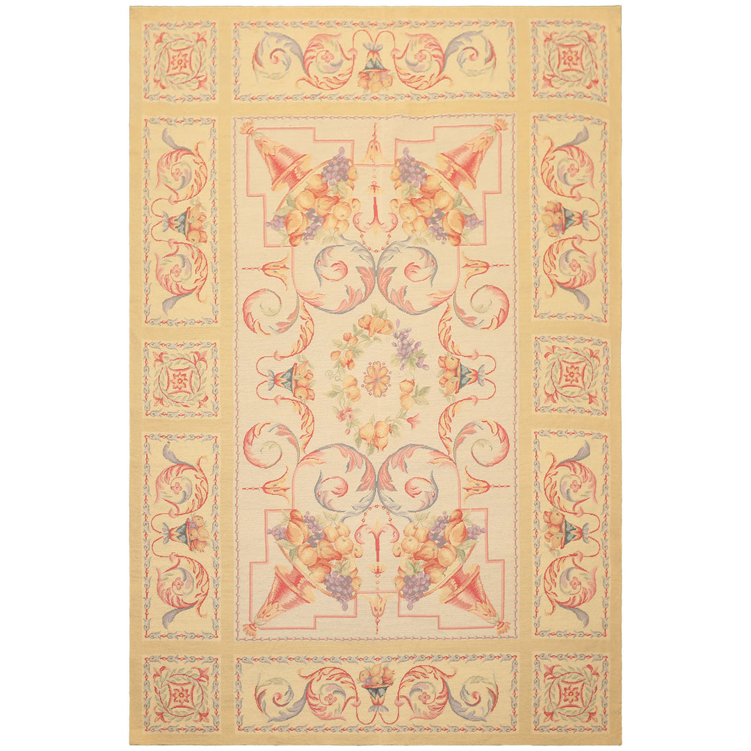 6x8 Beige, Rose, Lavender Color Hand Knotted French Aubusson Wool Traditional Oriental Rug