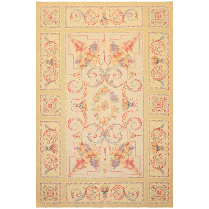 6x8 Beige, Rose, Lavender Color Hand Knotted French Aubusson Wool Traditional Oriental Rug