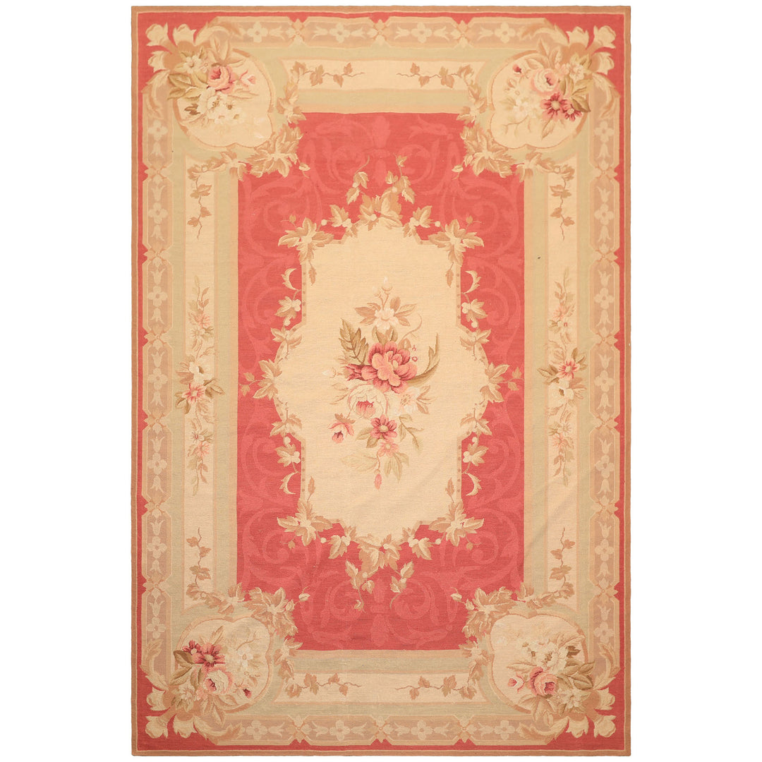 6x9 Fuschsia, Beige, Mint Color Hand Knotted French Aubusson Wool Traditional Oriental Rug