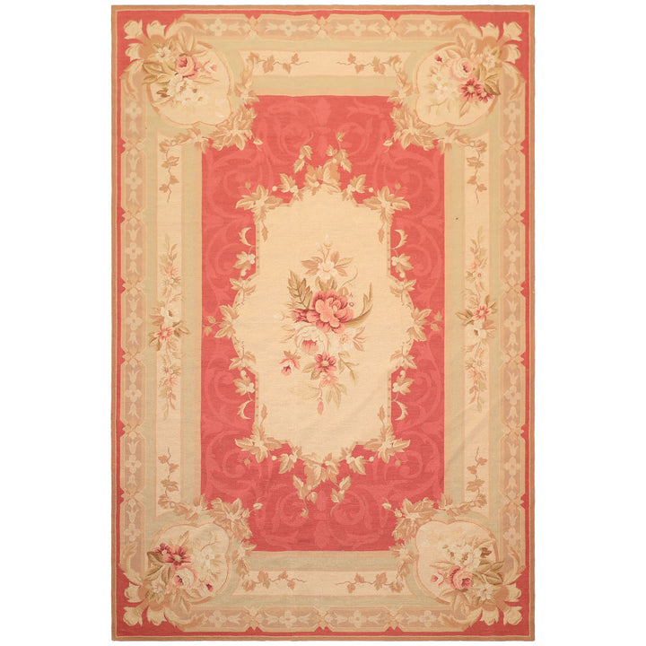 6x9 Fuschsia, Beige, Mint Color Hand Knotted French Aubusson Wool Traditional Oriental Rug