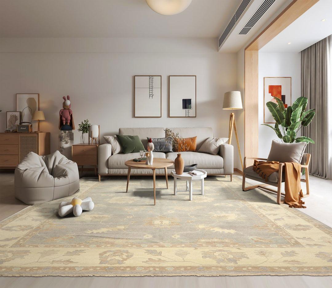 10x14 Gray, Ivory, Taupe Color Hand Knotted Oushak Wool Traditional Oriental Rug