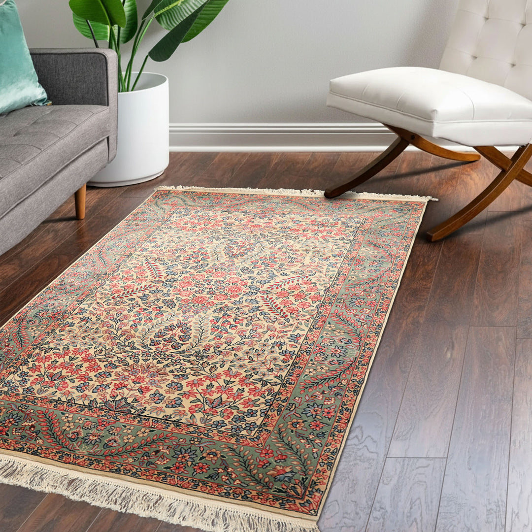 4x6 Ivory, Aqua, Navy Color Hand Knotted Kerman New Zealand Wool Traditional Oriental Rug