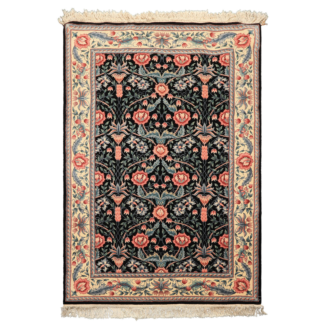4x6 Black, Ivory, Aqua Color Hand Knotted French Aubusson Savonnerie Wool Traditional Oriental Rug