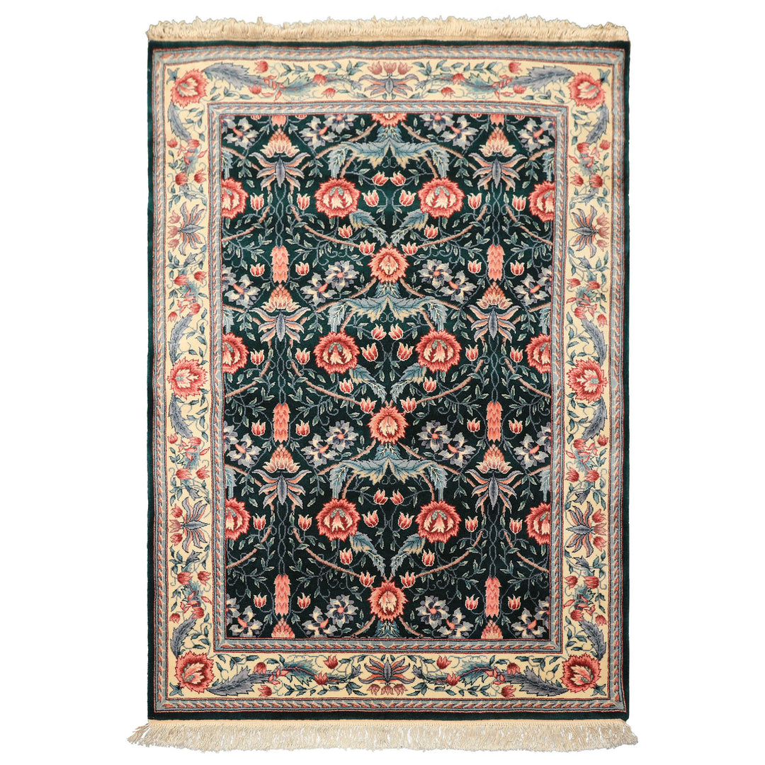 4x6 Emerald, Ivory, Rose Color Hand Knotted French Aubusson Savonnerie Wool Traditional Oriental Rug