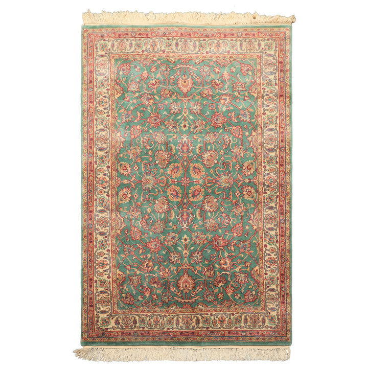 4x6 Green, Ivory, Rust Color Hand Knotted Kashan New Zealand Wool Traditional Oriental Rug
