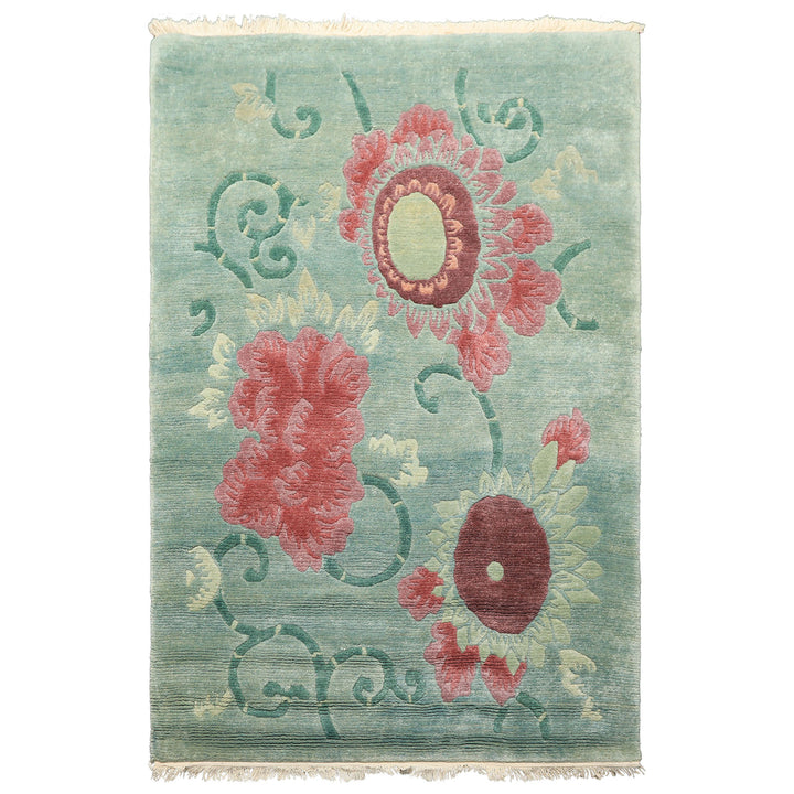 4x6 Seafoam-Green, Rust, Mauve Color Hand Knotted Tibetan Wool Transitional Oriental Rug