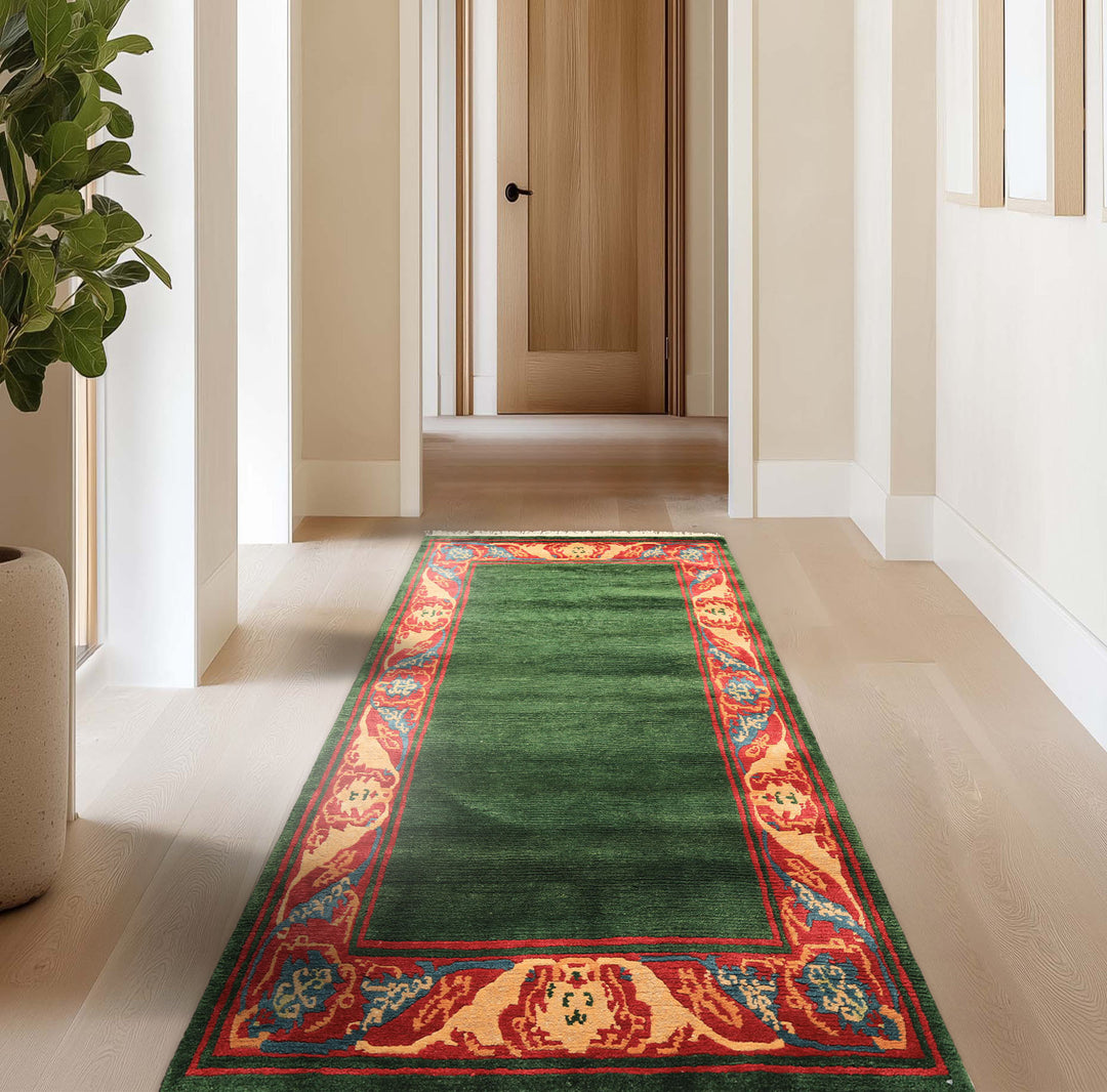 4x7 Green, Coral, Peach Color Hand Knotted Tibetan Wool Transitional Oriental Rug