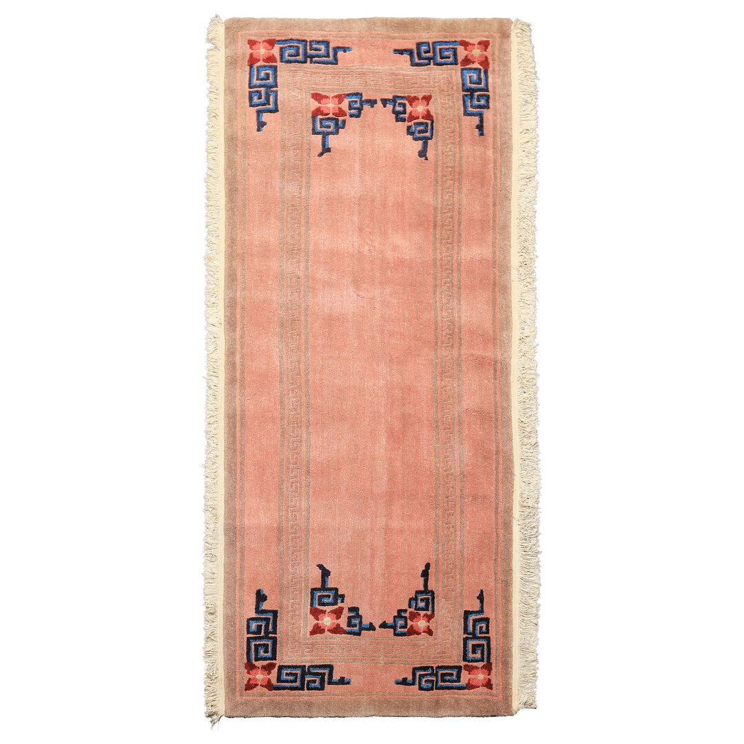 7 Runner Blush, Brown, Navy Color Hand Knotted Tibetan Wool Transitional Oriental Rug