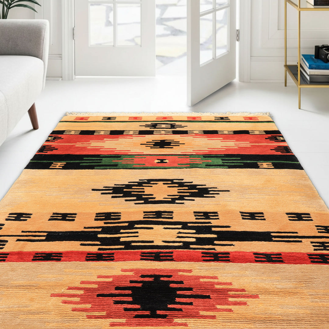 4x6 Beige, Faded Peach, Black Color Hand Knotted Tibetan Wool  Oriental Rug