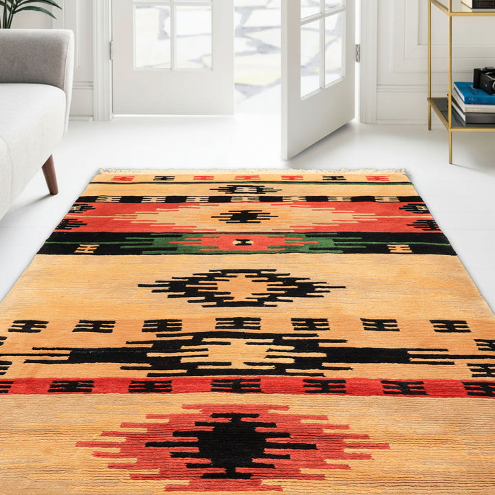 4x6 Beige, Faded Peach, Black Color Hand Knotted Tibetan Wool  Oriental Rug