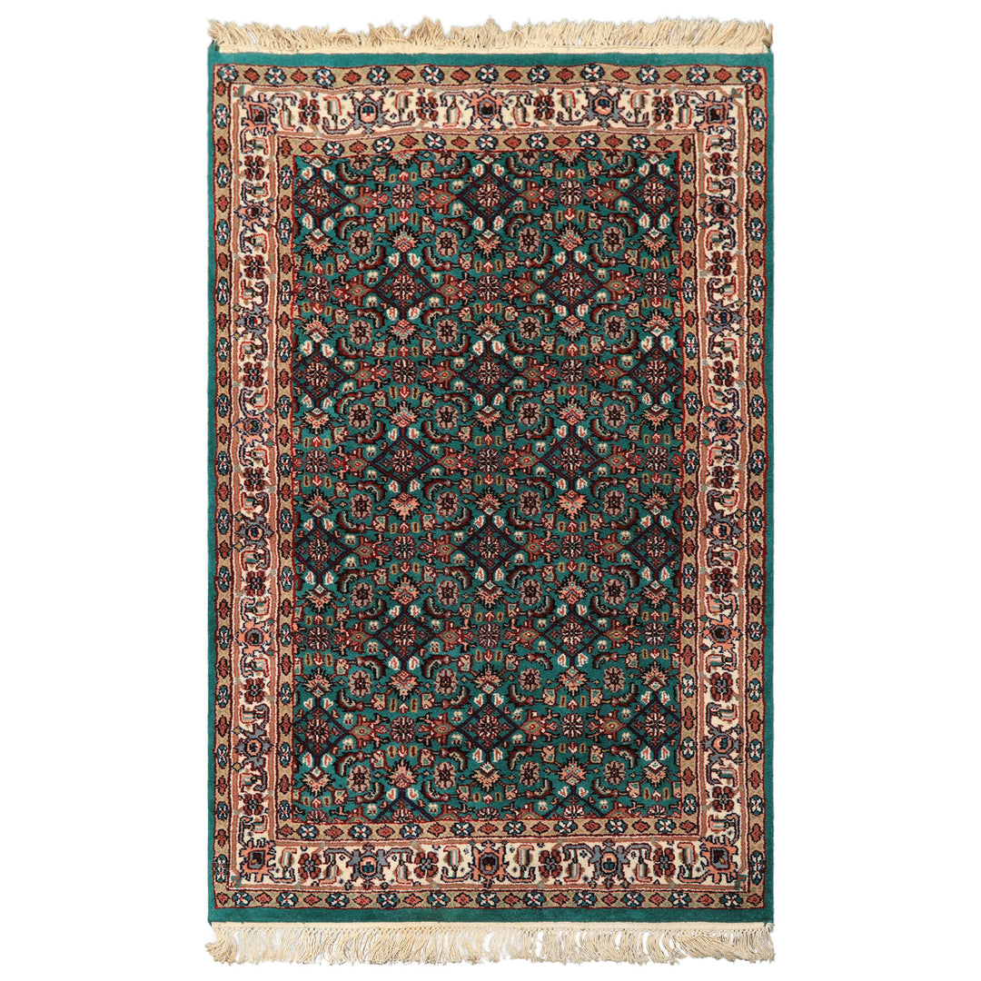 3x5 Green, Ivory, Tan Color Hand Knotted Indo Kashan Wool Traditional Oriental Rug