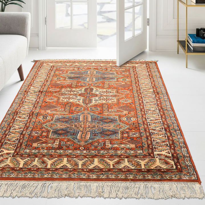 4x6 Burnt Orange, Ivory, Blue Color Hand Knotted Kazak Wool  Oriental Rug