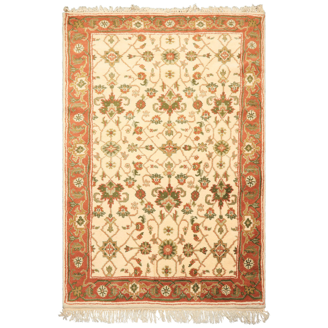 4x6 Ivory, Rust, Green Color Hand Knotted Indo Kashan Wool Traditional Oriental Rug