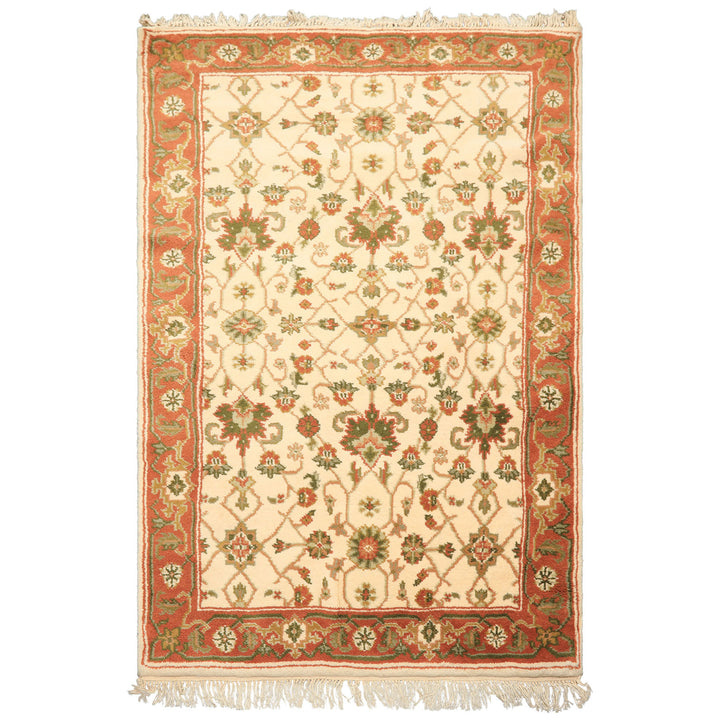 4x6 Ivory, Rust, Green Color Hand Knotted Indo Kashan Wool Traditional Oriental Rug