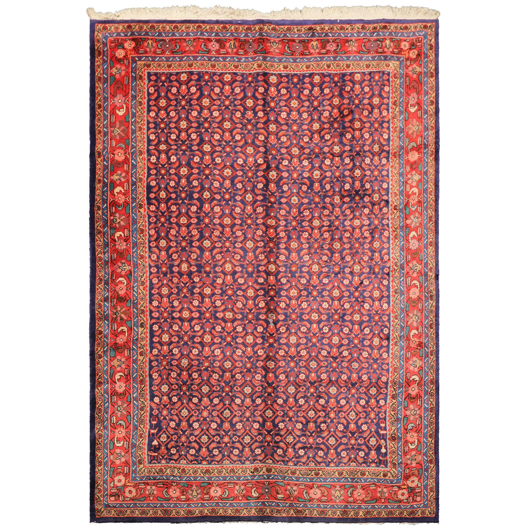 7x11 Royal Blue, Coral, Blush Color Hand Knotted Mahal Sarouk Wool Traditional Oriental Rug
