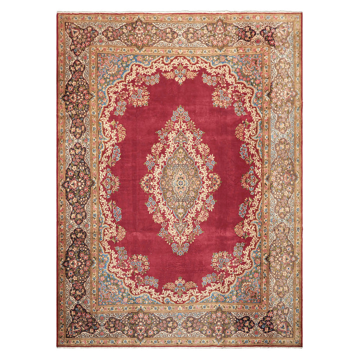10x14 Coral, Aubergine, Aqua Color Hand Knotted Kerman Wool Traditional Oriental Rug