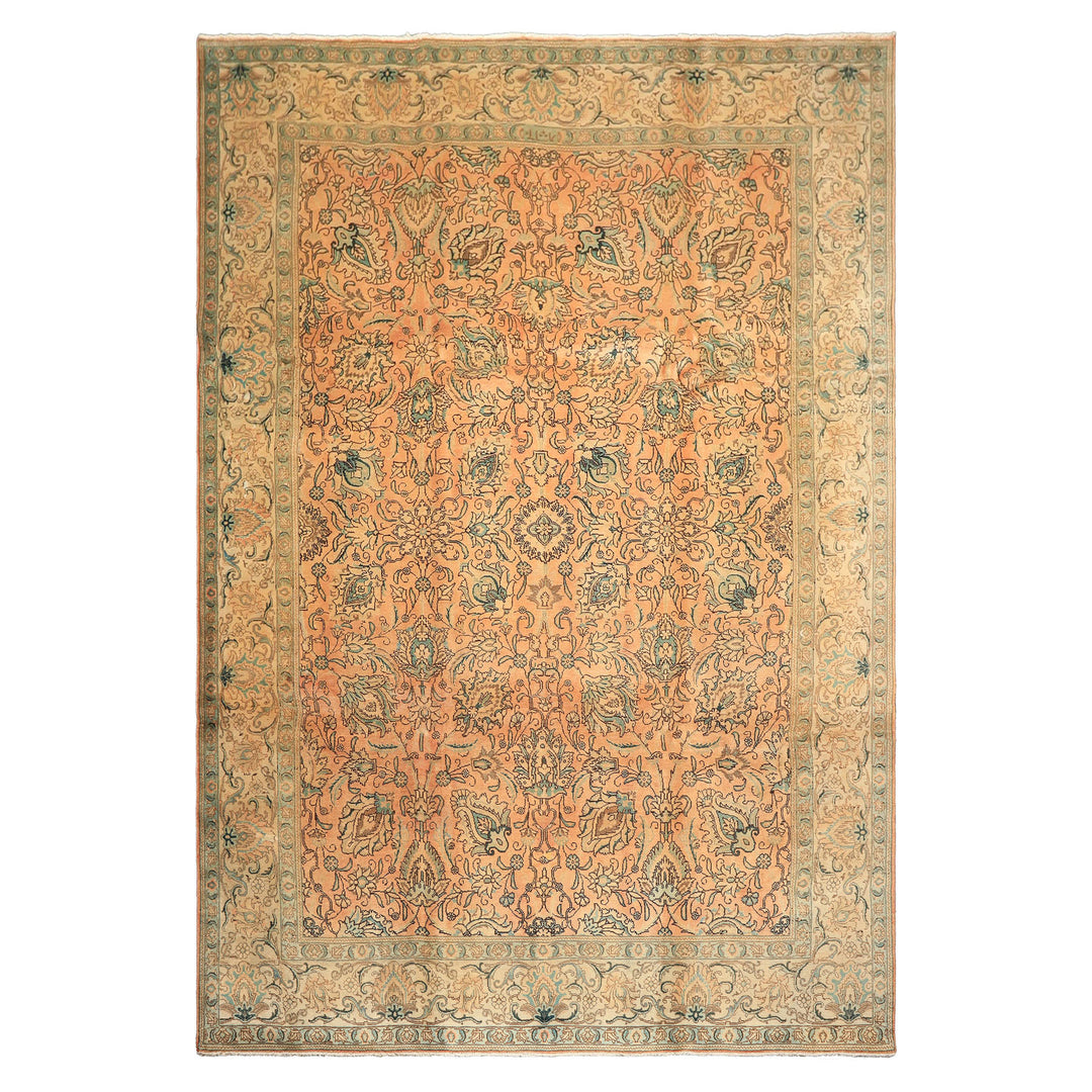 10x14 Peach, Beige, Celadon Color Hand Knotted Tabriz Wool Traditional Oriental Rug