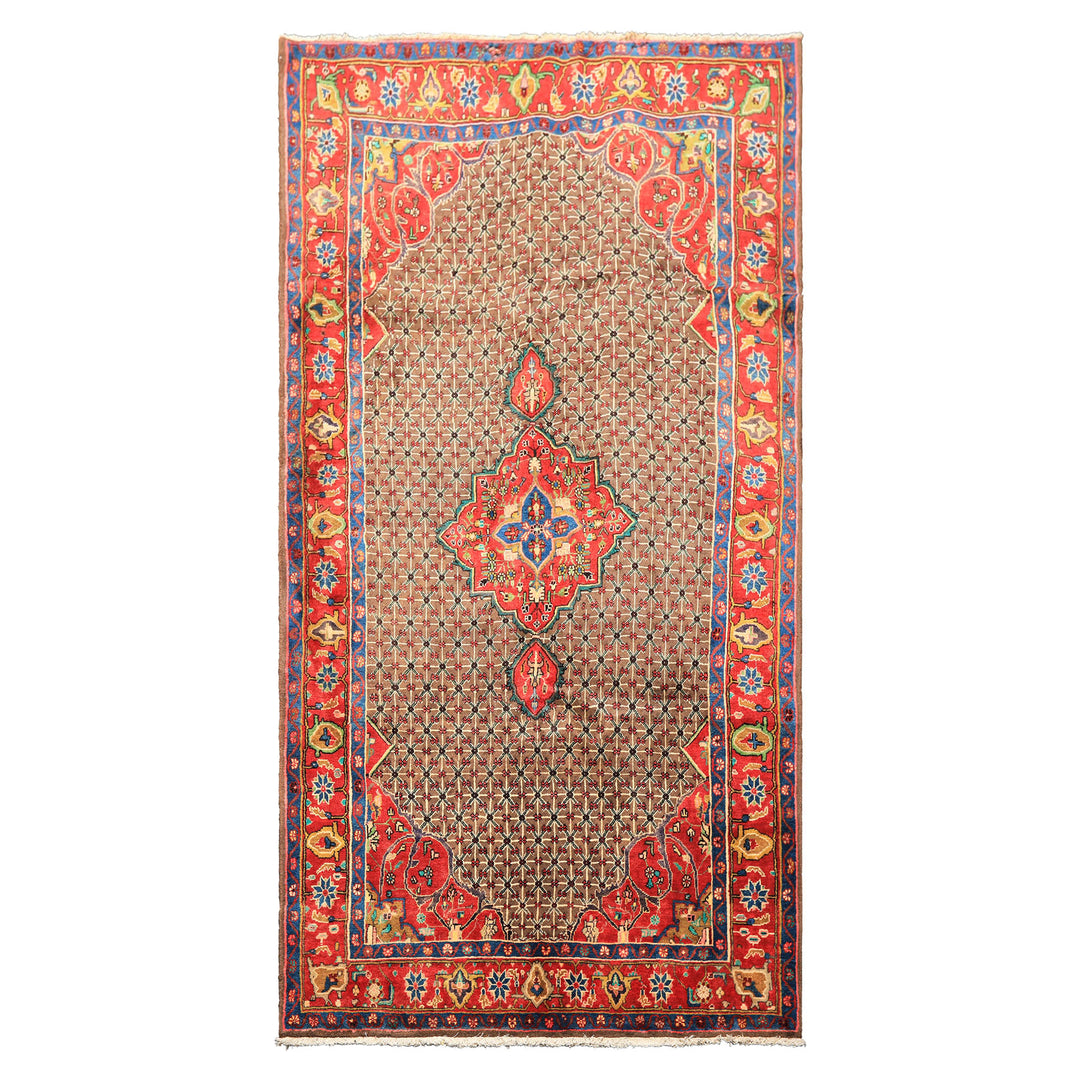 Runner Brown, Coral, Turquoise Color Hand Knotted Hamadan Wool  Oriental Rug