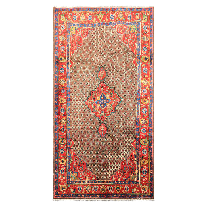 Runner Brown, Coral, Turquoise Color Hand Knotted Hamadan Wool  Oriental Rug