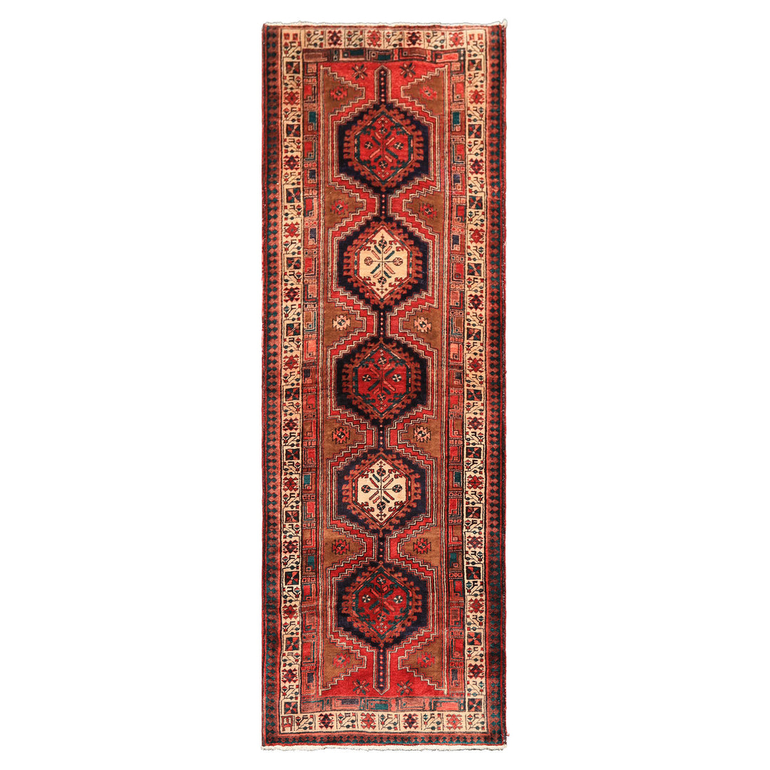 Runner Navy, Brown, Ivory Color Hand Knotted Hamadan Wool Traditional Oriental Rug