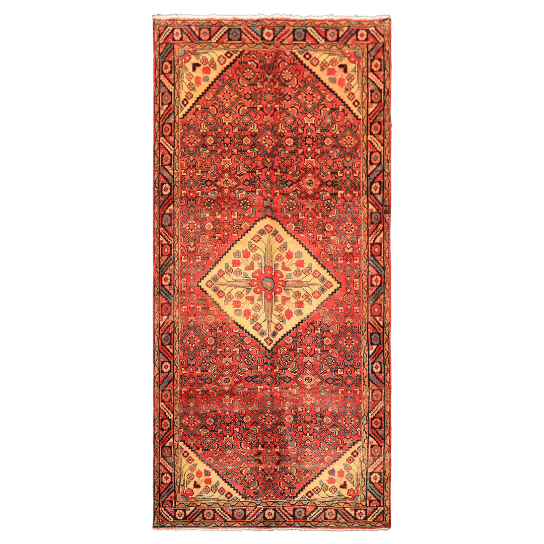 Runner Rust, Coral, Ivory Color Hand Knotted Hamadan Wool Traditional Oriental Rug
