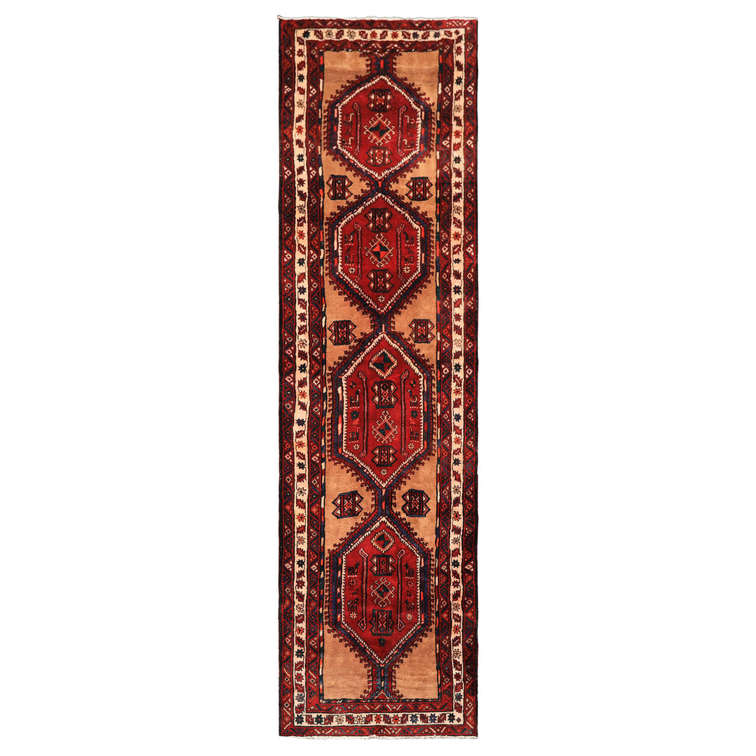 Runner Burgundy, Camel, Ivory Color Hand Knotted Kurdish Bidjar Wool Traditional Oriental Rug