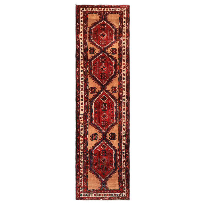 Runner Burgundy, Camel, Ivory Color Hand Knotted Kurdish Bidjar Wool Traditional Oriental Rug