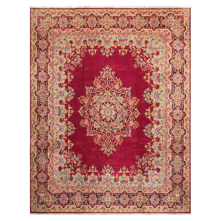9x12 Fuschia, Aqua, Navy Color Hand Knotted Kerman Wool Traditional Oriental Rug