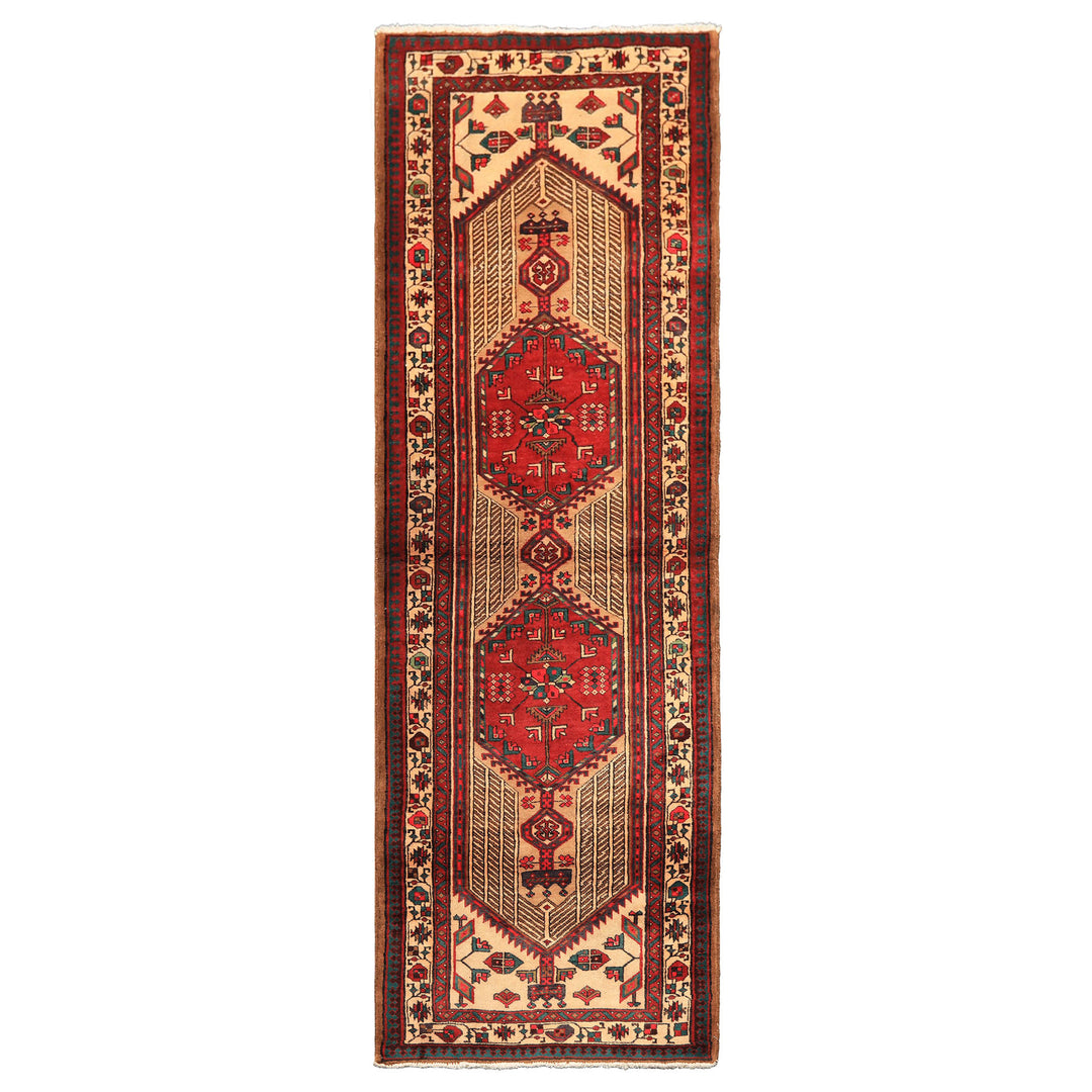 Runner Rusty Red, Tan, Ivory Color Hand Knotted Kurdish Hamadan Wool Traditional Oriental Rug